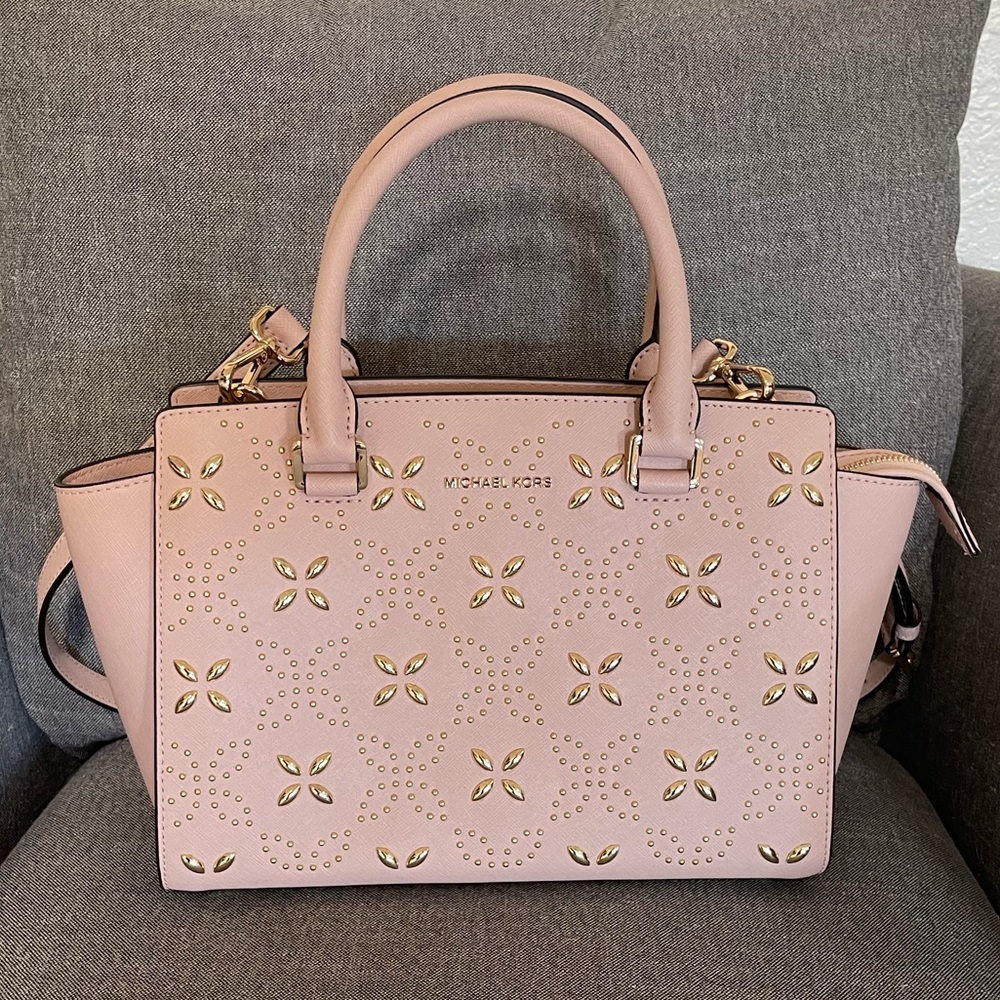 NWOT Michael Kors Selma Medium Top Zip Leather Satchel, Ballet